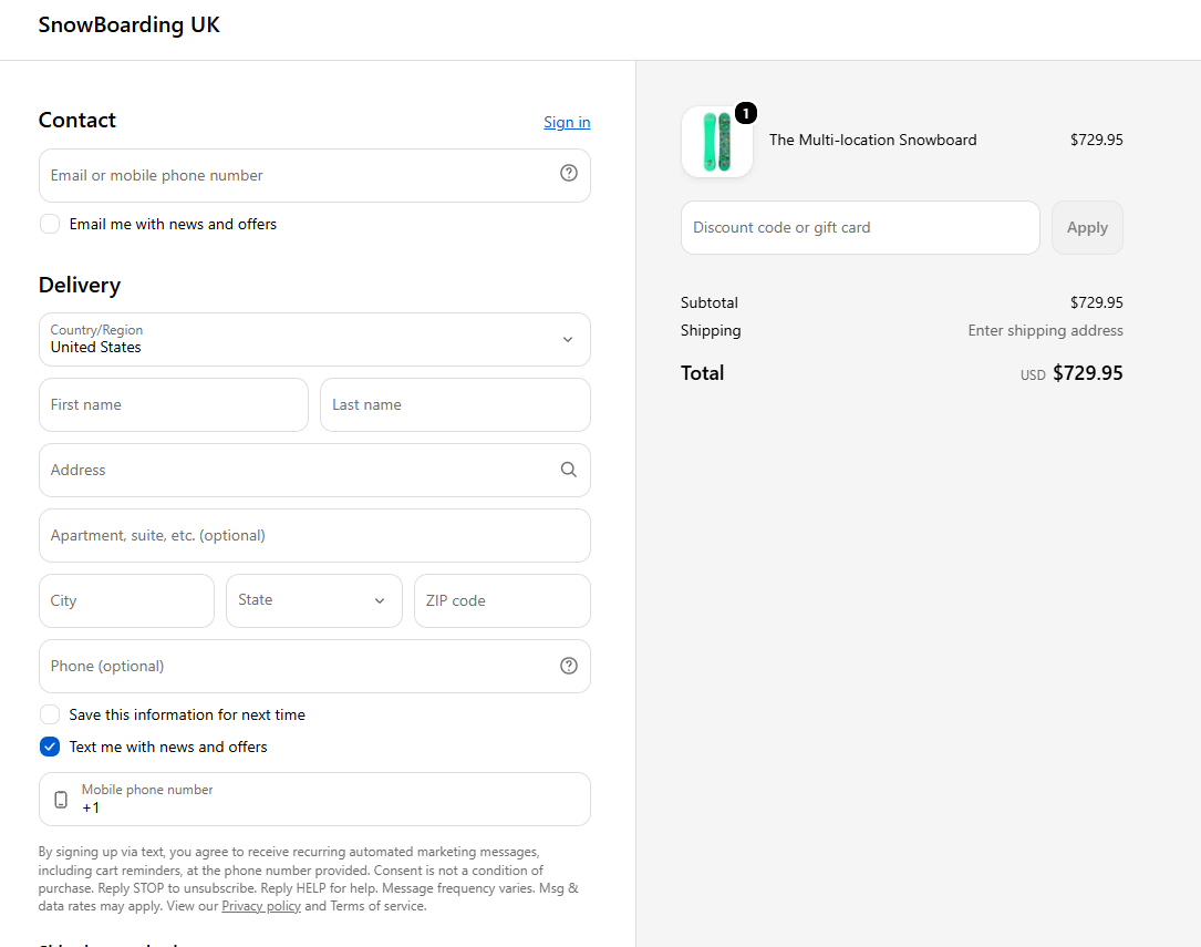 Same full checkout page with the Text me with news and offers checkbox checked, showing the phone number field, the full consent disclosure text, and the linked Privacy policy and Terms of service
