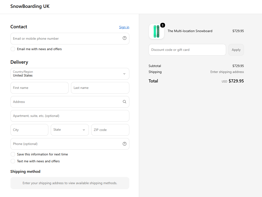 Full checkout page on a Salesreach merchant's Shopify store, from the store name at top down to the order summary, with the Text me with news and offers checkbox unchecked, its default state, and no phone field or SMS disclosure shown